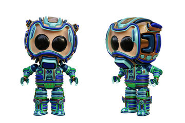 3D RENDERING PNG ILLUSTRATION. CUTE DESIGN ROBOT CYBORG ANDROID CHARACTER ISOLATED WHITE BACKGROUND. SPACEMAN ASTRONAUT CARTOON METAL PLASTIC AI MACHINE TECHNOLOGY GAME MODEL FIGURE ART TOY.