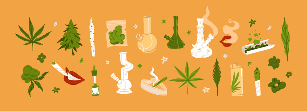 Hand drawn abstract graphic clip art illustration of Medical Marijuana, smoking accessories set.Glass bong for smoking weed.Cannabis and weed legalization concept design.Trendy vector illustration.