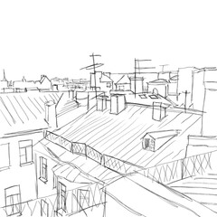 Quick sketch of the city, top view. Large, old European city with antennas. Picture coloring, black and white image.