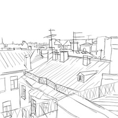 Fototapeta premium Quick sketch of the city, top view. Large, old European city with antennas. Picture coloring, black and white image.
