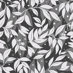Seamless botanical pattern. Monochrome colors. Nature   picture, leaf and branch with fruits. Dark background. For fabric, textil, wallpaper, wrapping paper and template for sites, social media