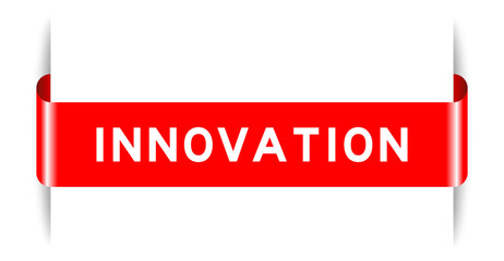 Red color inserted label banner with word innovation on white background