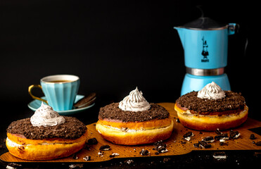 tasty chocolate and strawberry donuts with tea and coffee with beautiful accessories 