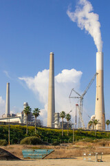 Smoke stacks at the Israeli Orot Rabin Power Plant located on the Mediterranean coast of Israel near Caeserea