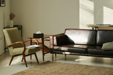 Modern office for psychotherapy session with comfortable armchair and sofa