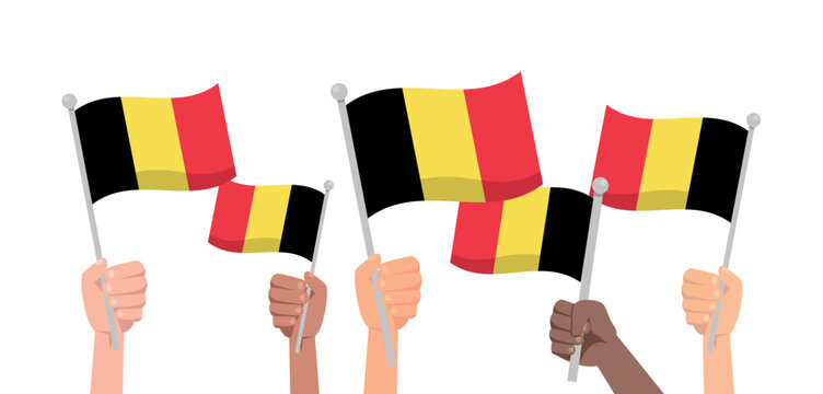 Hands with belgium flag isolated on white background. People hold belgium flag.Vector stock