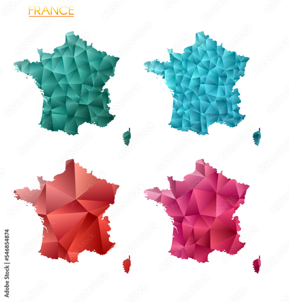 Poster set of vector polygonal maps of france. bright gradient map of the country in low poly style. multic