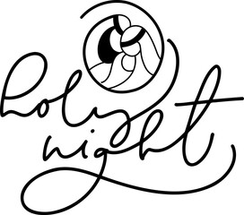 Holy night monoline calligraphy text and Christmas Vector religious Nativity Scene of baby Jesus with Mary Joseph. Minimalist art line drawing, print for clothes and logo design, isolated concept
