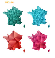 Set of vector polygonal maps of France. Bright gradient map of country in low poly style. Multicolored France map in geometric style for your infographics. Powerful vector illustration.