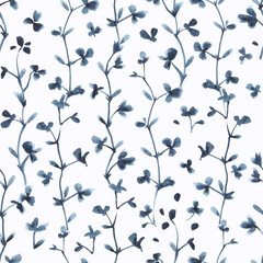 Hand painted blue watercolor branches with leaves. Seamless pattern. Design for fabric, wallpaper.