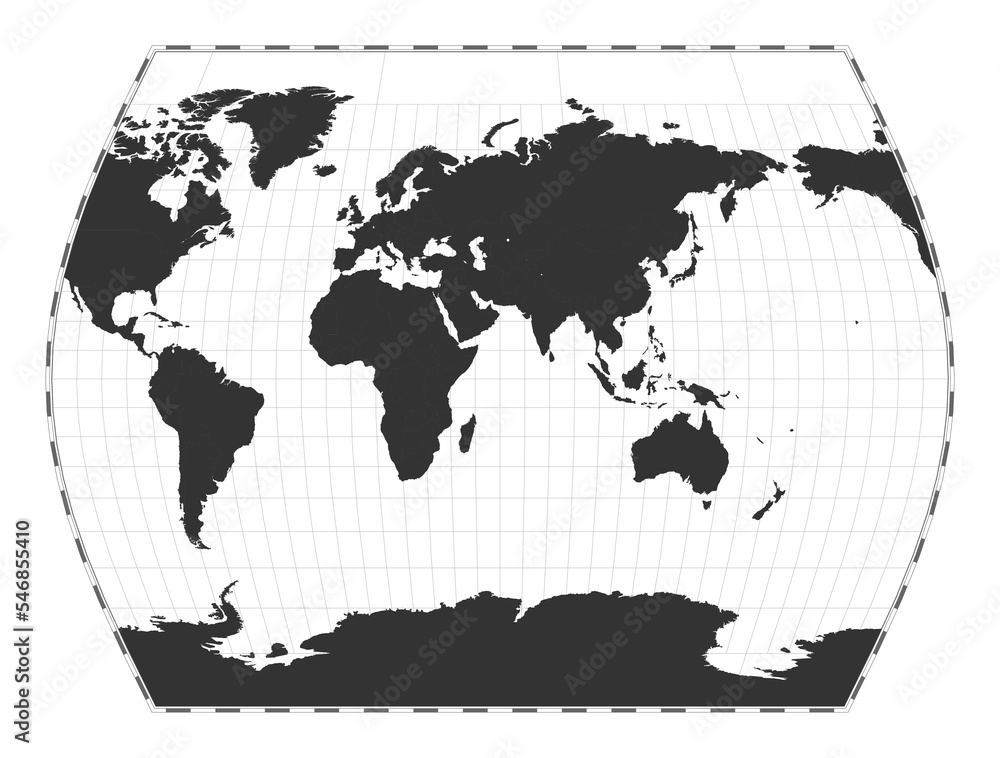 Poster vector world map in john muir's times projection. a geographical map with latitude and longitude lin