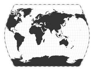 Vector world map. John Muir's Times projection. Plan world geographical map with latitude/longitude lines. Centered to 60deg W longitude. Vector illustration.