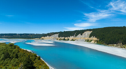 Panorama view of Rakaia River lagoon Valley and blue sky background
