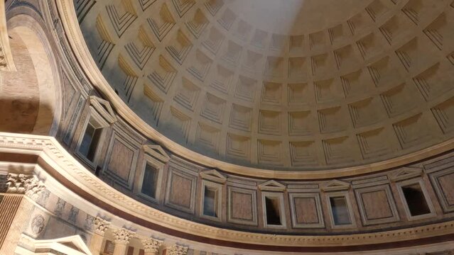 View of the oculus natural light in Pantheon dome in Rome, ancient Rome temple