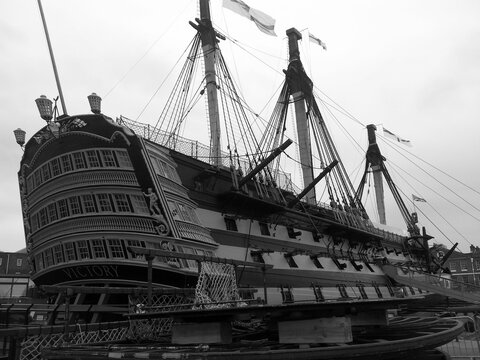 Black and white shot of the rear view of HMS Victory ship