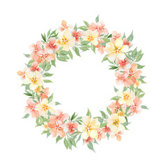 Obraz na płótnie Canvas Watercolor peaches flowers wreath. Gentle design peach flowers templates for wedding design, invitation, postcards.