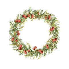 Fototapeta na wymiar Watercolor christmas wreath with evergreen branches of spruce and thuja