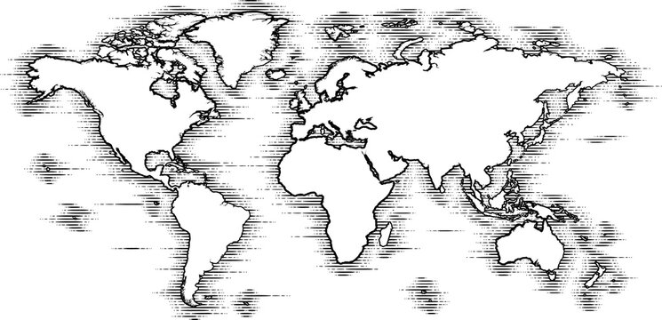 World Map Drawing Old Woodcut Engraved Style
