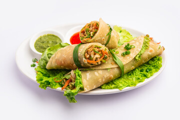 Indian chapati veg spring Rolls filled with vegetables and spices, also called franky