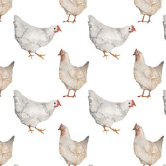 Chicken pattern.Farm.Watercolor print on white background.Natural hand drawn pattern