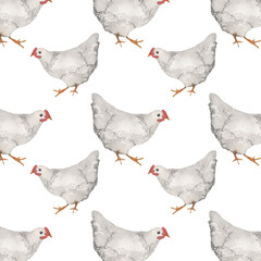 Chicken pattern.Farm.Watercolor print on white background.Natural hand drawn pattern