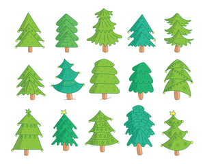 Green color hand drawn merry Christmas tree collection