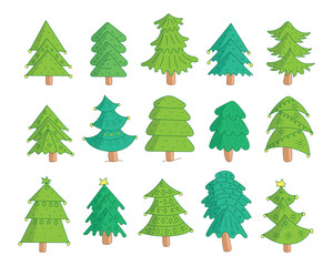 Fototapeta premium Green color hand drawn merry Christmas tree collection
