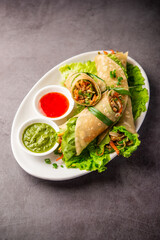 Indian chapati veg spring Rolls filled with vegetables and spices, also called franky