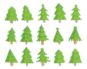 Green color hand drawn merry Christmas tree collection
