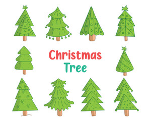 Green color hand drawn merry Christmas tree collection