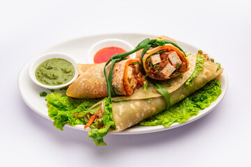 Cottage Cheese Paneer kathi roll or wrap known as kolkata style spring rolls