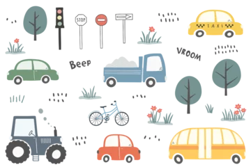 Rollo Set of different cute transport and traffic signs and other elements. © Nataliia Pyzhova