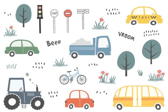 Set of different cute transport and traffic signs and other elements.