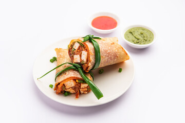 Cottage Cheese Paneer kathi roll or wrap known as kolkata style spring rolls