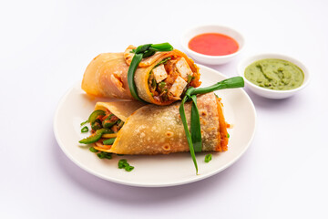Cottage Cheese Paneer kathi roll or wrap known as kolkata style spring rolls