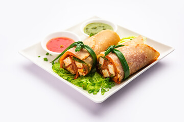 Cottage Cheese Paneer kathi roll or wrap known as kolkata style spring rolls