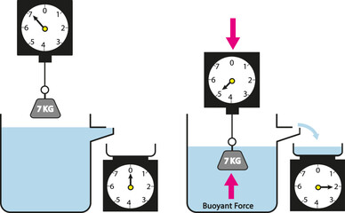 Solids of different densities. Floating or sinking in water. Density measurement. Archimedes principle. buoyancy force. in the container; cork, wood and aluminum. Drawing