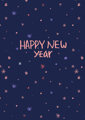 Fototapeta na wymiar Next Happy new year post card on doodle simple style. Aspect ratio A4. Snowflakes in dark blue background, night sky.