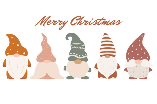 Set of cute Christmas gnomes. Little Santa Claus characters.Vector illustration in flat boho style. Nordic element design. Scandinavian christmas elves.