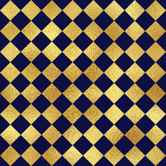 seamless chess pattern with gold foil texture, dark blue and golden checkered repeat pattern vector