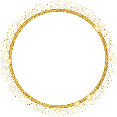gold glitter cirlce frame with sparkling stars isolated on transparent background illustration, luxury border, clip art, png, cut out object