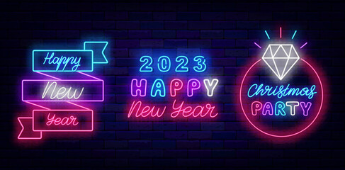 Fototapeta na wymiar Happy 2023 New Year label. Christmas party neon signboards set. Circle frame with diamond. Vector stock illustration