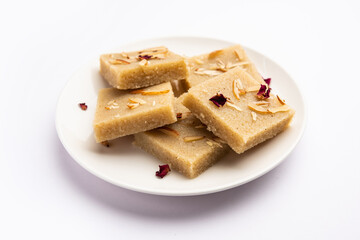 Rava barfi or sooji burfi or barfee is an Indian Sweet made with semolina, sugar, ghee and almonds