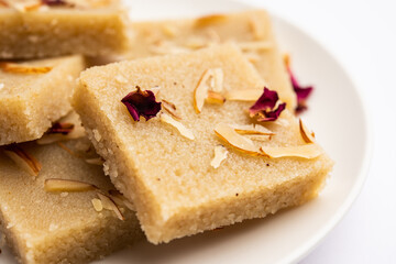 Rava barfi or sooji burfi or barfee is an Indian Sweet made with semolina, sugar, ghee and almonds