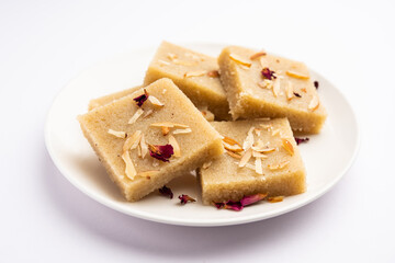 Rava barfi or sooji burfi or barfee is an Indian Sweet made with semolina, sugar, ghee and almonds