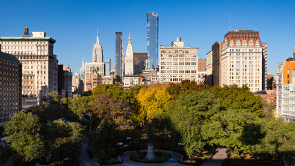 Elevated view of Union Square Park with surrounding skyscrapers in autumn. Manhattan, New York City
