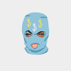 Hand drawn abstract vector graphic clipart illustrations collection set with bandit girl in balaclava.Trendy modern female design concept.Vector woman fashion portrait contemporary art.Beauty model.