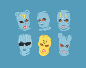 Hand drawn abstract vector graphic clipart illustrations collection set with ukrainian girl in balaclava.Trendy modern female design concept.Vector woman fashion portrait contemporary art.Beauty model