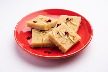 Rava barfi or sooji burfi or barfee is an Indian Sweet made with semolina, sugar, ghee and almonds