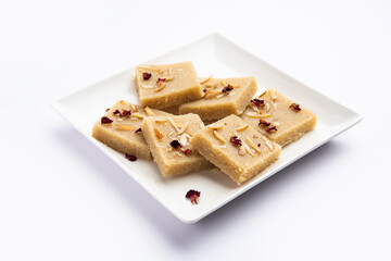 Rava barfi or sooji burfi or barfee is an Indian Sweet made with semolina, sugar, ghee and almonds